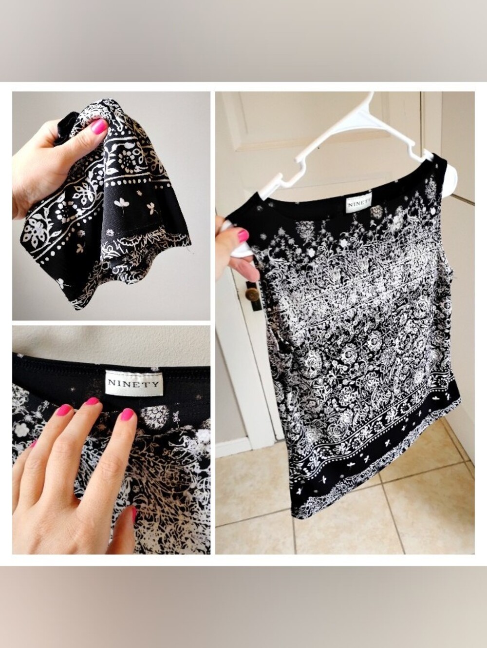 NWOT Ninety Black on white silky tank blouse